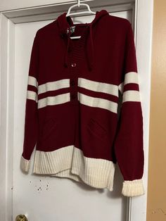 Vintage Varisty Sweater Red and White Size Womens Medium or  Mens Small  Measures 17'' from shoulder to shoulder measures shoulder to bottom of sweater 26'' the tag came loose can be sew back in place .It does have pockets on each side. There is a little yellowing on the sleeve see pictures . Cozy Red Cotton Sweater, Casual Red Sweater With Ribbed Cuffs, Burgundy Cotton Sweater For Fall, Casual Burgundy Sweater For Fall, Cozy Red Sweater With Ribbed Cuffs, Casual Burgundy Cotton Sweater, Jade Core, Off White Sweater, Outfit References