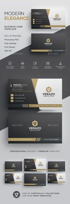 a set of three business cards with gold and black accents on them, all in different colors