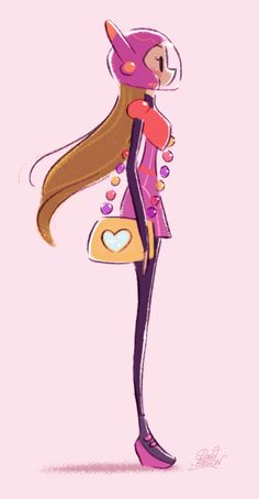 a drawing of a girl with long hair holding a purse