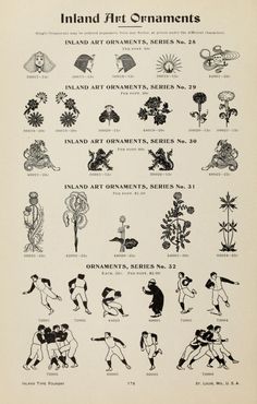 an old black and white poster with different types of art on it's sides