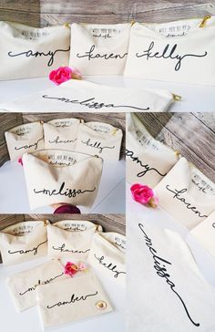 four pictures of different types of cloths with writing on them and flowers in the middle