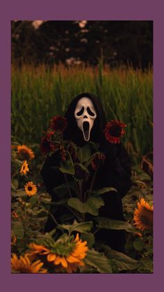 a person wearing a mask in a field with sunflowers