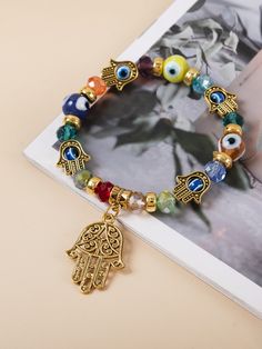 1pc Hamsa Hand Evil Eye Bracelet With Random Color Crystal Beads & Elastic Band Gold    ABS     Women Fashion Jewelry, size features are:Bust: ,Length: ,Sleeve Length: Hand Evil Eye, Abs Women, Gold Collar, Protection Bracelet, Watches Women Fashion, Eye Bracelet, Bead Charm Bracelet, Stretchy Bracelets, Evil Eye Charm