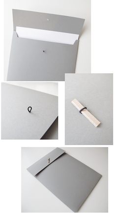 four different views of the inside of a box with some paper sticking out of it