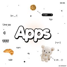 a teddy bear sitting in front of the word app's