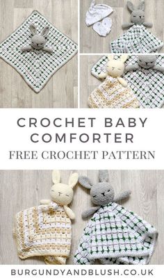 the crochet baby comforter is shown with two stuffed animals and one blanket