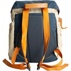 a blue backpack with orange straps on it