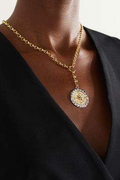 Foundrae's 'Internal Compass' necklace represents self-reflection. Handcrafted from 18-karat white and yellow gold, the medallion pendant is strung on a classic belcher chain and set with four sparkling diamonds, each marking the cardinal points. Gold-tone Medallion Necklace With Detachable Pendant, Luxury Engraved Medallion Pendant Necklace, Timeless Necklace With Detachable Medallion Pendant, Luxury Yellow Gold Chain Necklace With Coin Pendant, Luxury White Gold Chain Necklace With Round Pendant, Timeless Medallion Necklace With Detachable Pendant, Luxury Engraved Coin Pendant Necklace, Luxury Engraved Round Pendant Necklace, Luxury Tarnish-resistant Medallion Jewelry