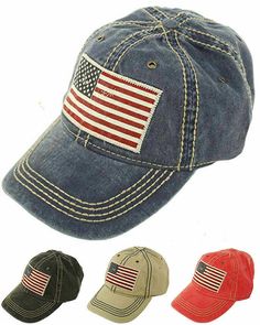 Our eBay Store About Us Contact Us Add to Favorite Sellers Vintage Washed Cotton USA Flag Baseball Cap Low Profile United States America Vintage distressed USA Flag patch work with bold contrast stitching. Washed cotton, lightweight and cool. Adjustable metal buckle Interior sweatband Stiff and curved brim 100% Cotton Measurements: One size fits most (Head measurement: 56 cm, 22", Size 7 ~ 58cm, 22-3/4", Size 7-1/4) Brim: 2-3/4" Height: 4-3/4" All measurements are approximate. Fits may vary by s Adjustable Patriotic Cotton Hat, Patriotic Cotton Cap, Country Style Cotton Cap Hat, States In America, Flag Patches, Patch Work, Fedora Hat, Usa Flag, Metal Buckles