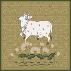 a cow standing on top of flowers in front of a brown background with orange spots