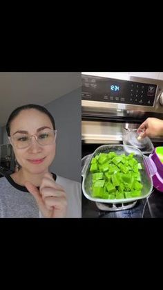 a woman in glasses is holding a bowl with chopped green vegetables on it and another photo of her cooking