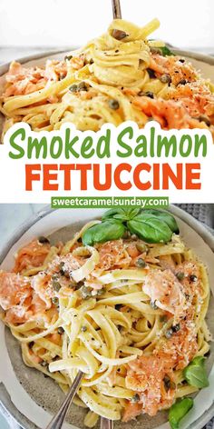 Fork being twirled in bowl of smoked salmon fettuccine with text written between 2 images. Smoked Salmon Linguine, Smoked Salmon Fettuccine Alfredo, Smoked Salmon Pasta Creamy, Pasta With Smoked Salmon Recipe, Hot Smoked Salmon Pasta, Smoked Salmon Fettuccine, Things To Make With Smoked Salmon, Smoked Salmon Pasta Salad, Salmon Fettuccine Alfredo