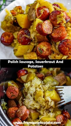 two pictures showing different types of food on the same plate, one with sausage and potatoes