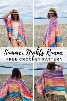 two photos of a woman wearing a colorful crochet shawl on the beach with text that reads, summer nights kaana free crochet pattern