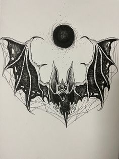 a black and white drawing of bats flying in the sky with an eclipse behind them