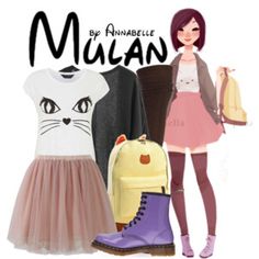 a woman wearing purple boots and a white shirt with black lettering that says mulan