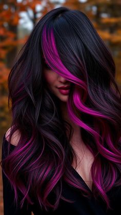 10 Bold Halloween Hair Color Trends to Love Dark Hair Vivid Colors, Cool Color Hair Ideas, Winter Vivid Hair Color, Cuties Hairstyles, Hair Color Ideas For Long Hair, Dark Hair With Color, Haircolor Idea 2024, Black And Hot Pink Hair, Vivid Red Hair Color