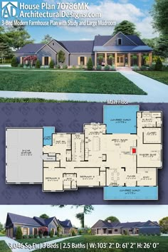 two story house plan with 3 bedroom and 2 bathrooms in the front, an open floor plan