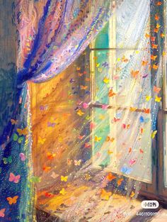 a painting of a window with butterflies flying out of it and the curtains are open