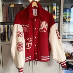 Lightly Worn. Perfect Fall Jacket. Leather Sleeves With A Wool Torso. Red Patchwork Varsity Jacket, Oversized Varsity Jacket With Pockets For College, Red Long Sleeve Varsity Jacket With Patchwork, Trendy Oversized Red Outerwear, Red Patchwork Long Sleeve Varsity Jacket, College Varsity Jacket With Pockets, Red Varsity Outerwear With Patchwork, Red Patchwork Outerwear For Streetwear, Red Patchwork Outerwear For College