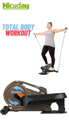 a woman is using an exercise machine with the words total body workout on it