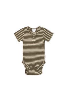 Organic Cotton Modal Darcy Rib Tee Bodysuit - Bear/Cassava Everyday Summer Bodysuit With Short Sleeves, Everyday Short-sleeved Summer Bodysuit, Fitted Cotton Bodysuit For Everyday Wear, Everyday Fitted Cotton Bodysuit, Green Fitted Casual Onesie, Casual Fitted Short Sleeve Onesie, Casual Short Sleeve Bodysuit, Fitted Basic Summer Onesie, Basic Fitted Summer Onesie