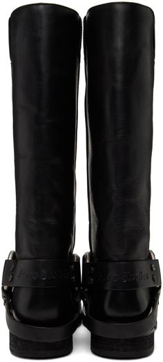 Knee-high buffed leather boots in black. · Square toe · Pull-loops at collar · O-ring and straps at sides · Logo embossed at back strap · Stacked leather heel with rubber injection · Heel: H1.5 Supplier color: Black Boots Knee, Black Square, Leather Buckle, Tall Boots, Back Strap, O Ring, Leather Heels, Knee High Boots, Leather Boots