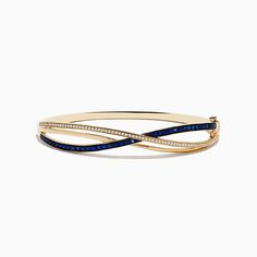 Effy Royal Bleu 14K Yellow Gold Blue Sapphire and Diamond Bangle Classic Blue Round Gold Bracelet, Classic Blue Gold Bracelet, Blue Fine Jewelry Bangle For Gifts, Fine Jewelry Blue Round Bangle, Classic Blue Bangle For Formal Occasions, Blue Classic Bangle For Formal Occasions, Elegant Blue Gold Bracelet For Formal Occasions, Elegant 14k Gold Blue Bracelets, Elegant Blue 14k Gold Bracelet