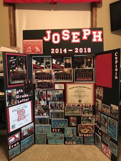 a display with photos and pictures on it in front of a red sign that says joseph