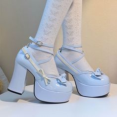 Fabric Material: PuColor: Pink. Black. Beige. BluePlatform Height: 12cm/4.73" Pink And Blue Heels, Cute Aesthetic Heels, Platform Shoes Heels, Cute Shoes Heels, Kawaii Shoes, Cute Heels, Girly Shoes, Aesthetic Shoes, Knit Long Sleeve