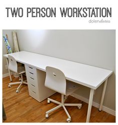 two white desks sitting on top of a hard wood floor