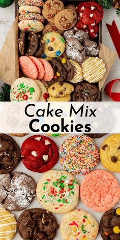 a box full of cookies with the words cake mix cookies in front of it and on top