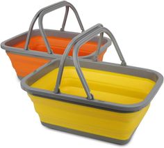 two yellow and gray baskets with handles on each side, one orange and the other grey