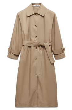 A crisp spread collar puts a contemporary spin on an essential cotton-twill trench coat embellished with belted cuffs. Front button closure Spread collar Belted cuffs Front welt pockets Removable tie belt Lined 100% cotton Dry clean Imported Elegant Cotton Outerwear With Belted Cuffs, Cotton Trench Coat, Nordstrom Store, Shirt Collar, Welt Pocket, Women's Shirt, Cotton Twill, Trench Coat, Mango