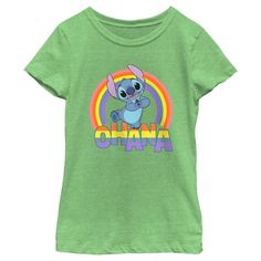 Ohana means family, and family means no tee gets left behind! Find the perfect style with this officially licensed Girls' Disney Lilo & Stitch Rainbow Ohana Graphic T-Shirt! This design features the cheerful Stitch with his ears perked up, a rainbow, and "Ohana" printed in matching rainbow letters below him. Celebrate a certain alien, otherwise known as Experiment 626 in style this year with new hilarious apparel from the movie! Disney Green Crew Neck T-shirt, Disney Green Tops With Character Print, Green Disney Character Print Top, Disney Green T-shirt With Graphic Print, Green Disney Crew Neck Top, Disney Green T-shirt With Crew Neck, Green Disney Crew Neck T-shirt, Green Disney Graphic Print T-shirt, Green Disney Cotton T-shirt