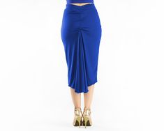 "This handmade reversible ''Vina'' high waisted tango skirt is made with a soft jersey fabric in 2 different colors. Fully reversible, 2 in 1 skirt! A must- have skirt for milongas. Featuring a back ruched fishtail which eases movement while dancing, this skirt is elegant and very comfortable for dancing! Available in different colors and sizes. Details: - High waist band. - Fully reversible. Two layers, blue and black - Front length: 68 cm/ 26.7 in (If you need a different length, please, let m Blue Stretch Maxi Skirt For Party, Blue Asymmetrical Maxi Skirt For Party, Blue Stretch Gathered Skirt, Ruched Party Skirt, Blue Fitted Wrap Skirt For Party, Fitted Blue Wrap Skirt For Party, Fitted Midi Wrap Skirt For Evening, Party Fitted Flared Wrap Skirt, Fitted Blue Gathered Skirt Bottoms