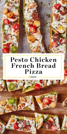 pesto chicken french bread pizza on a wooden cutting board with the title overlay reads pesto chicken french bread pizza