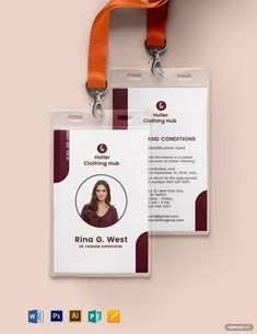 an id card with a lanyard hanging from it's side on a pink background