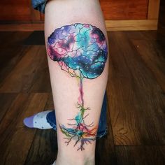 a person's leg with a tattoo on it that has a drawing of a brain