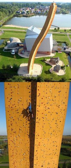 an aerial view of a man climbing on the side of a tall building, and another image of a person climbing up it