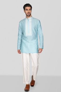 Sky blue short kurta with sequin embellished placket on a handblock print base. Comes with pant. - Aza Fashions Diwali Traditional Straight Kurta With Embroidery, Cotton Kurta With Embroidery For Diwali, Sky Blue Kurta Men, Blue Kurta Men, Blue Kurta, Kurta Men, Men Kurta, Short Kurta, Kurta With Pants