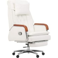 an office chair with white leather and wood trimmings on the back, in front of a white background