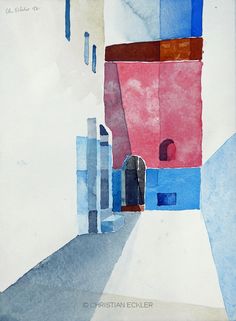 a watercolor painting of an alleyway with blue and red buildings in the background