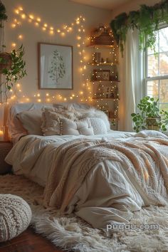 a bedroom decorated with lights and blankets