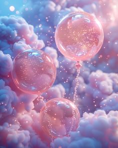 two balloons floating in the air with bubbles around them and some clouds behind them that look like stars