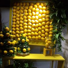 there are many lemons on display in this room, and one is painted yellow