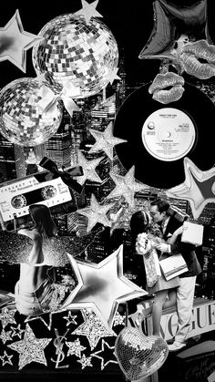 black and white photograph of various objects in the shape of stars, disco balls, and records