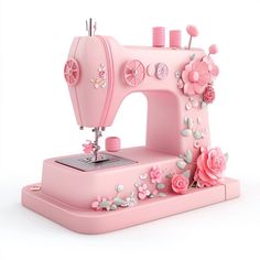 a pink sewing machine with flowers on it