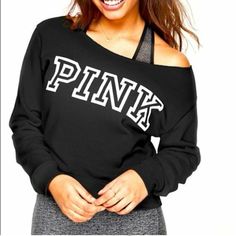 New Victoria's Secret Pink Off The Shoulder Sweatshirt Black Medium Black Spring Tops For College, Black Tops For College In Spring, Trendy Black Tops For College, Casual Black Tops For College, Black Sweatshirt For College, Off The Shoulder Sweatshirt, Jordan 11 Retro, Birthday List, Pink Victoria Secret