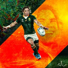 the rugby player is running with the ball in his hand and an orange background behind him